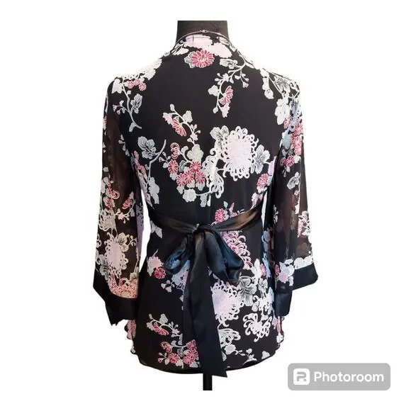 Twenty One Black & Pink Floral 3/4 Sleeve Tie Back V-Neck Kimono Blouse Size S - Picture 4 of 10